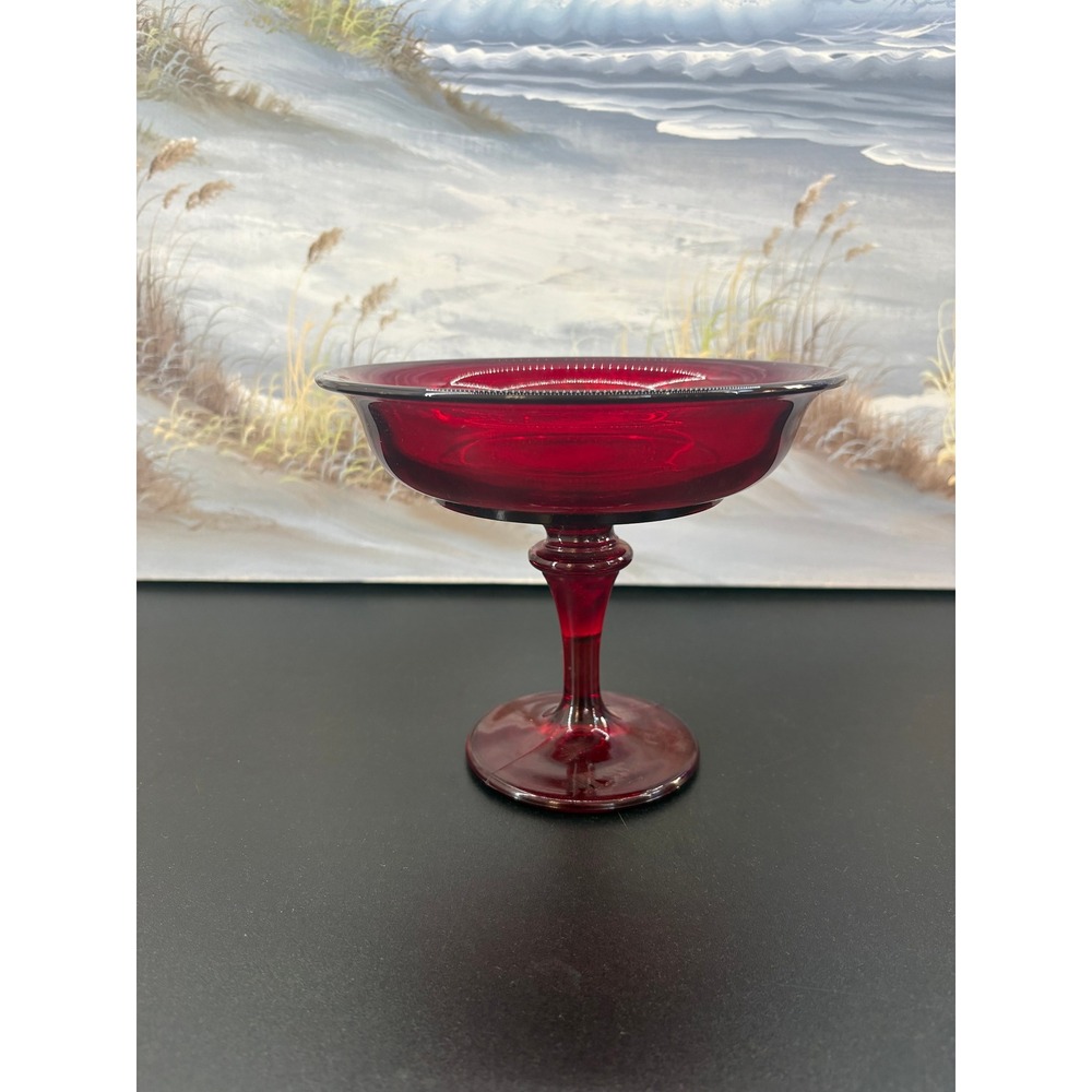 Vintage Ruby Red Glass Pedestal Bowl Footed Compote Dish Beaded Rim 7in